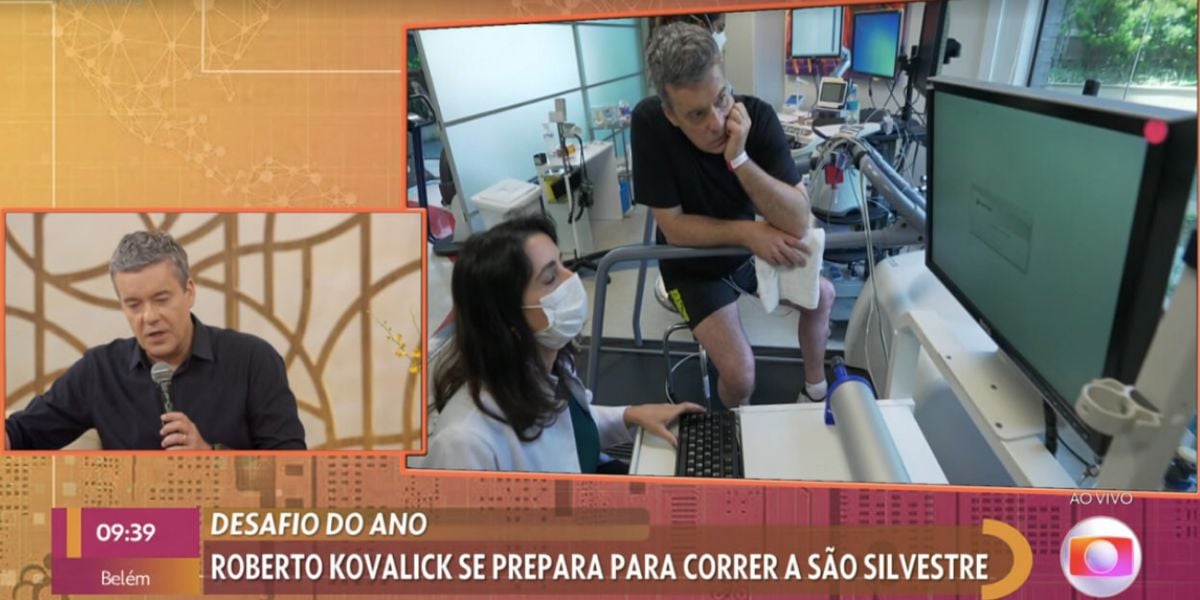 Patrícia Poeta dá notícia sobre corrida de Roberto Kovalick, preparação e entrega foto dele com máscara de oxigênio (Foto: Reprodução / Globo)