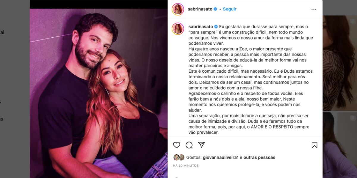 Sabrina Sato fala sobre separação com Duda Nagle (Foto: Reprodução / Instagram)