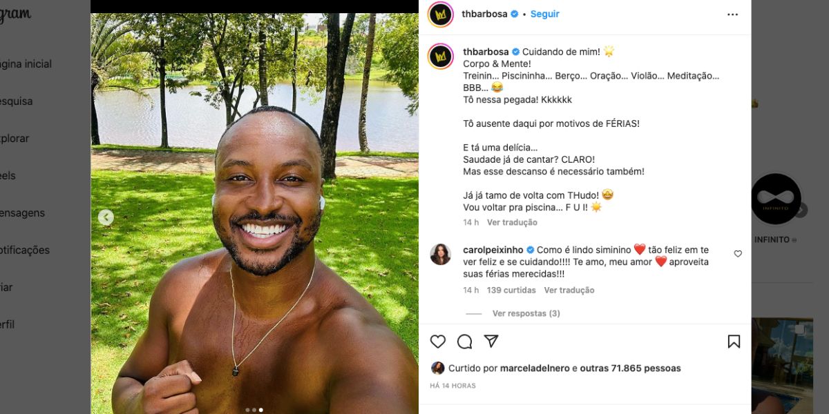 Thiaguinho está fora dos palcos devido as suas férias (Foto: Reprodução / Instagram) 