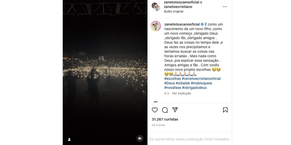 Zé Neto faz anuncio sobre nova fase da dupla (Foto: Instagram)
