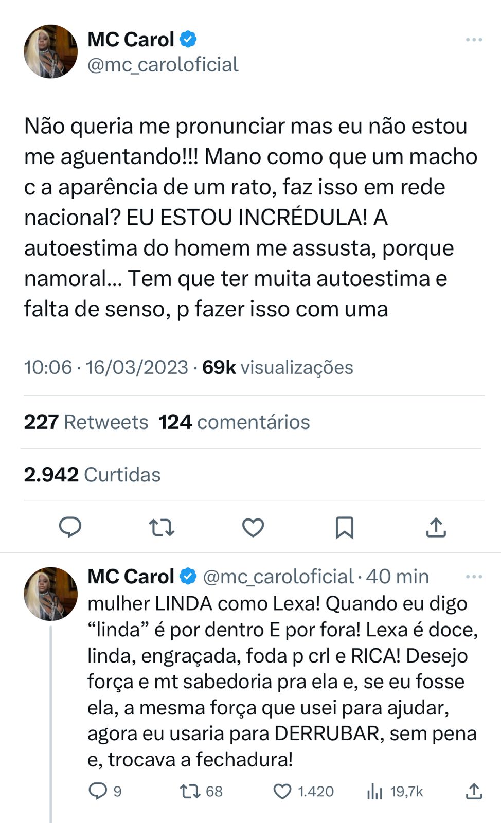 MC Carol fala que MC GUIME tem aparência de rato e afirma que ele só está no BBB por causa da Lexa. Foto: Reprodução