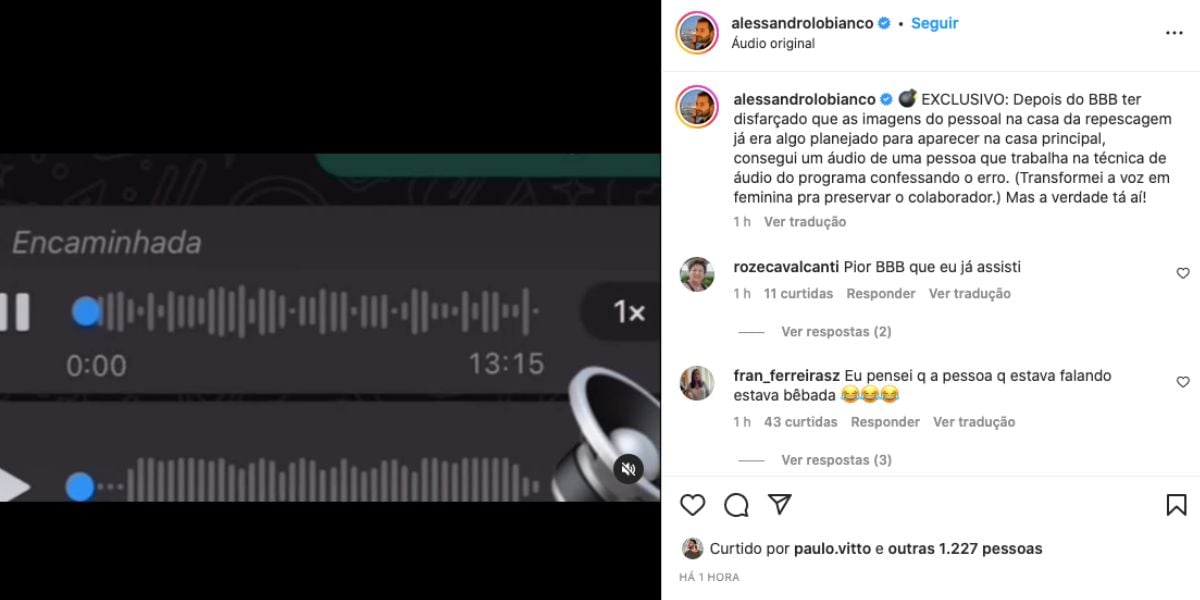 Alessandro Lo-Bianco mostra áudio da produção da Globo (Foto: Reprodução / Instagram)