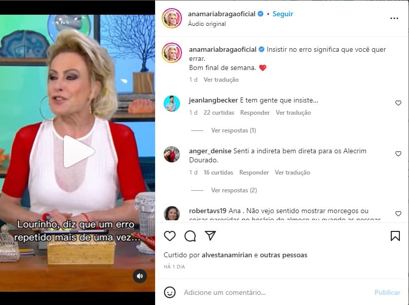 Ana Maria Braga dá recado nas redes sociais (Foto: Reprodução)