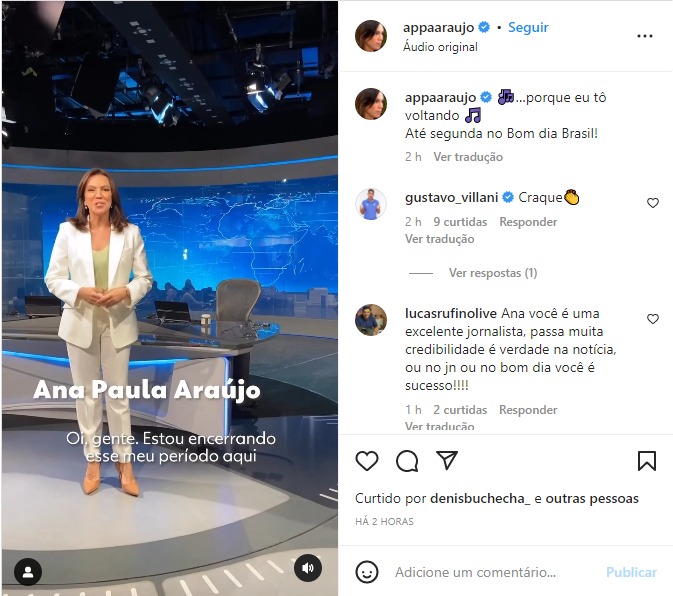 Ana Paula Araújo se despede da bancada do Jornal Nacional e anuncia retorno ao Bom Dia Brasil - Foto: Reprodução/Instagram