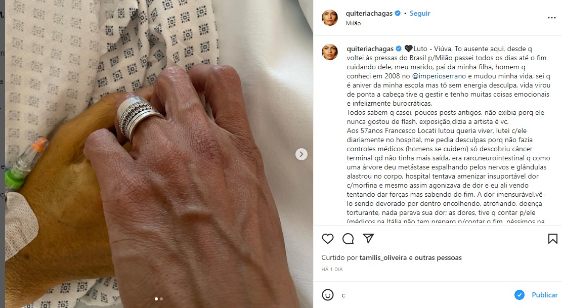 Atriz Quitéria Chagas faz textão e confirma morte do marido - Foto: Reprodução/Instagram