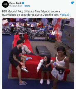 Gabriel Fop, Tina e Larissa debocham de Domitila no BBB23 (Foto: Reprodução / Twitter)