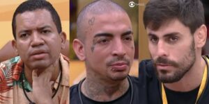 Bruno Gaga desistiu e MC Guimê e Cara de Sapato foram desclassificados do BBB23 (Foto: Reprodução / Globoplay)