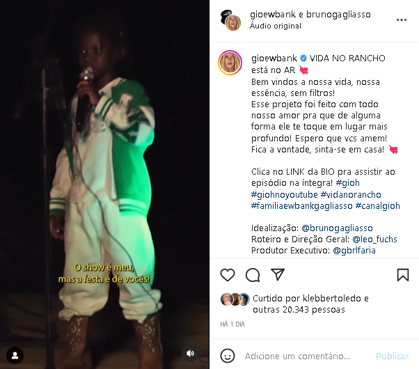 Bruno Gagliasso e Gio Ewbank surgiram em gravação que ocorreu no rancho da família (Foto: Reprodução/ Instagram)