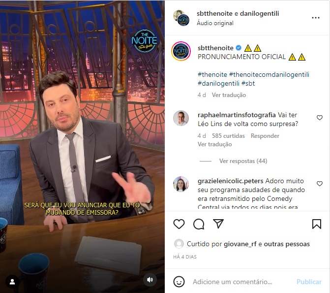 Danilo Gentili faz pronunciamento e fala de mudança de emissora - Foto: Reprodução/instagram