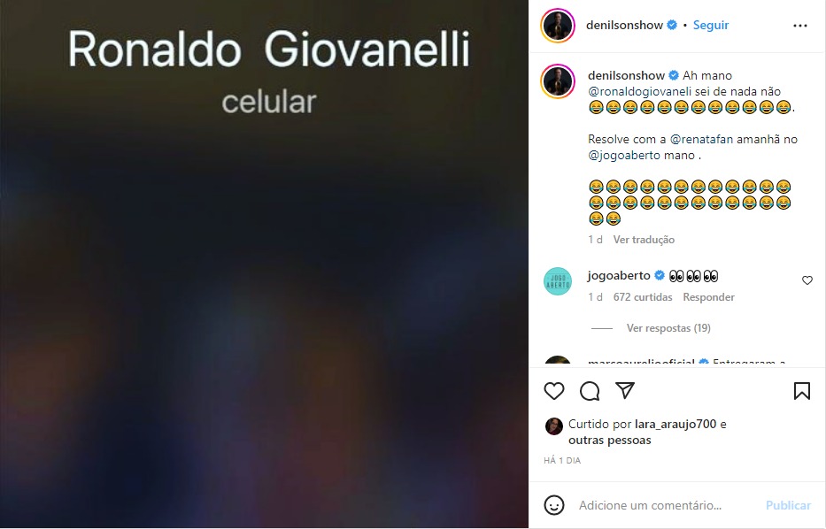 Denílson se recusa a atender Ronaldo Giovanelli, comentarista do Jogo Aberto - Foto; Reprodução/Instagram