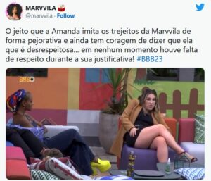 BBB23 - Equipe de Marvvila faz grave acusação contra Amanda (Foto: Reprodução / Twitter)