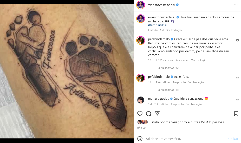 Evaristo Costa fez tatuagem para as filhas e ganhou recado do Padre Fábio de Melo (Foto: Reprodução/ Instagram)