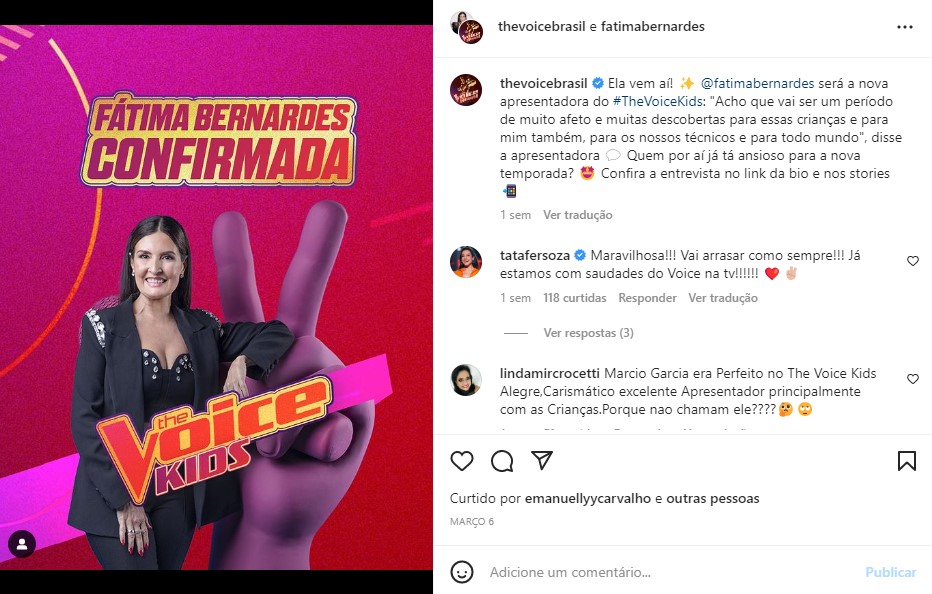 Fátima Bernardes usou as redes sociais para expor sua ida para o The Voice Kids (Foto: Reprodução)