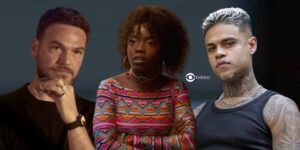 Theo (Emilio Dantas), Kate (Clara Moneke) e Hugo (MC Cabelinho) em Vai na Fé (Foto: Reprodução / Globo / Montagem TV Foco)