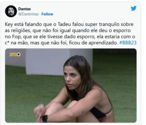 BBB23 - Key volta a falar de discurso de Tadeu sobre intolerância religiosa e é criticada (Foto: Reprodução / Twitter)