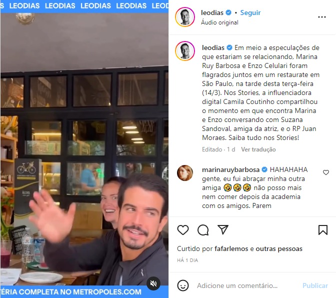 Marina Ruy Barbosa escreveu comentário esclarecendo boato de romance com Enzo Celulari - Foto: Reprodução/Instagram