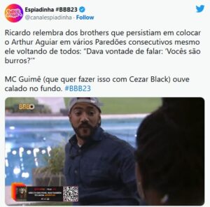 Ricardo Alface relembrou Arthur Aguiar durante bate-papo no BBB23 (Foto: Reprodução / Twitter)