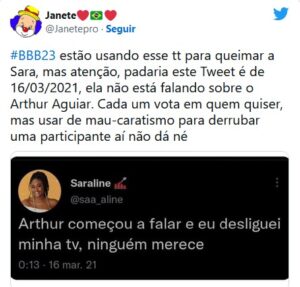 Internautas apontaram mal-entendido, visto que Sarah citava Arthur Picoli e não Arthur Aguiar (Foto: Reprodução / Twitter)