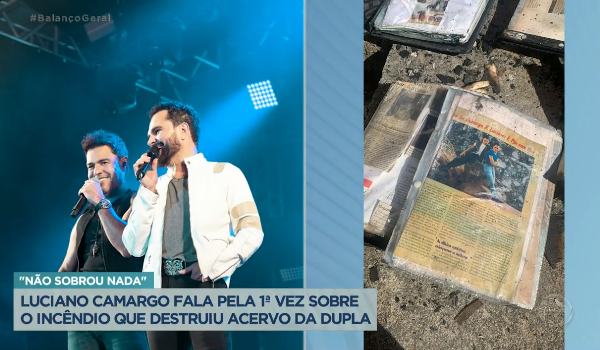 Recortes de jornais e revistas sobre a carreira de Zezé di Camargo e Luciano destruídos (Foto Reprodução/PlayPlus)