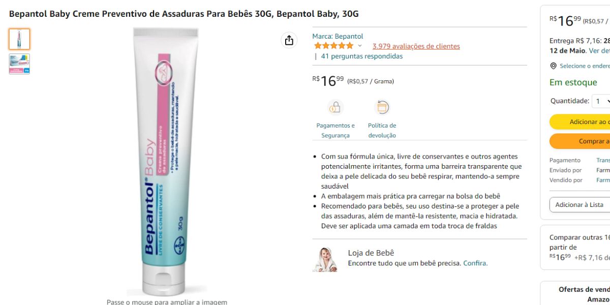 Creme Bepantol Baby disponível na Amazon.com (Reprodução - Amazon)