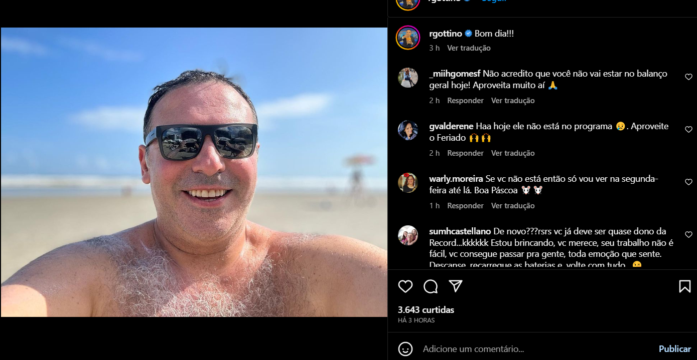 Reinaldo Gottino compartilha clique na praia por meio das suas redes sociais (Foto Reprodução/Instagram)