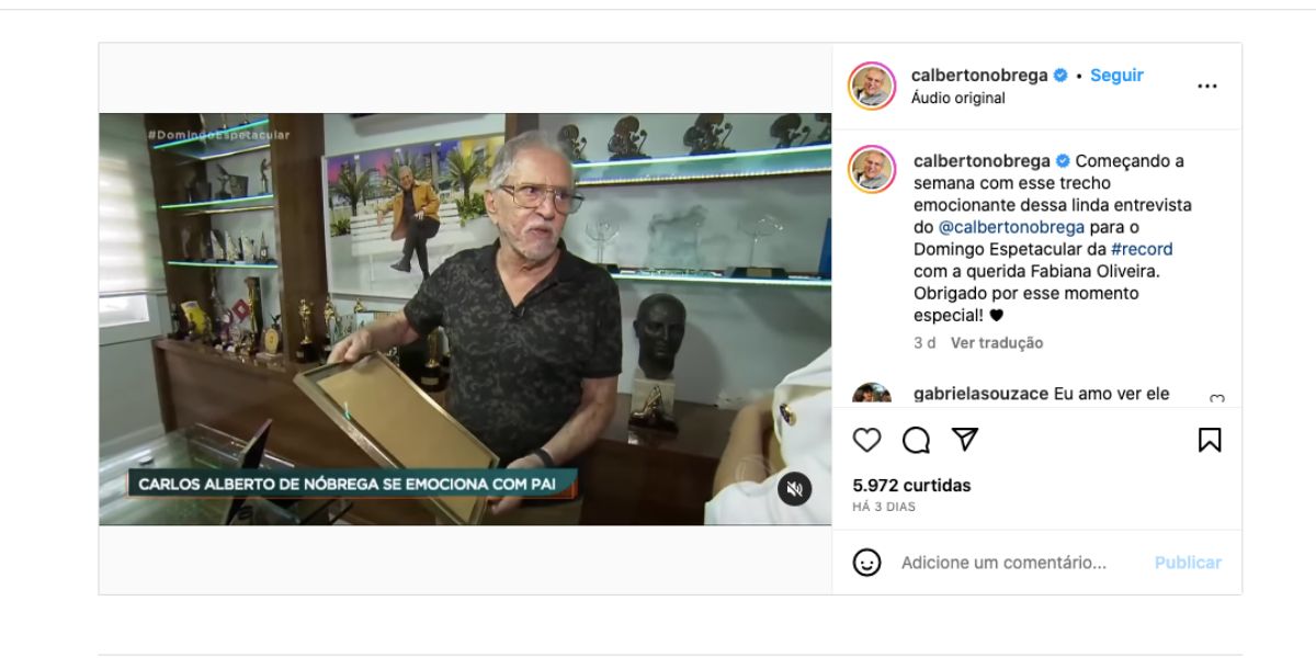 Carlos Alberto dá entrevista para o Domingo Espetacular da Record (Foto: Reprodução. / Instagram)