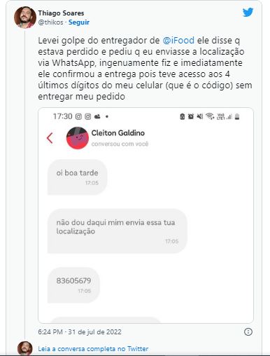 Cliente expõe golpe do Ifood - Foto Reprodução Twitter