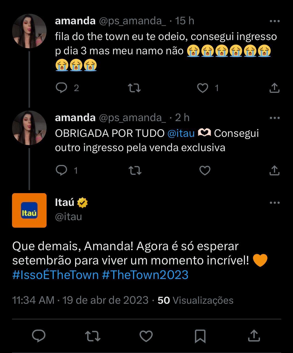 Clientes comemoram a compra do ingresso do The Town pelo Itaú - Foto Reprodução Twitter