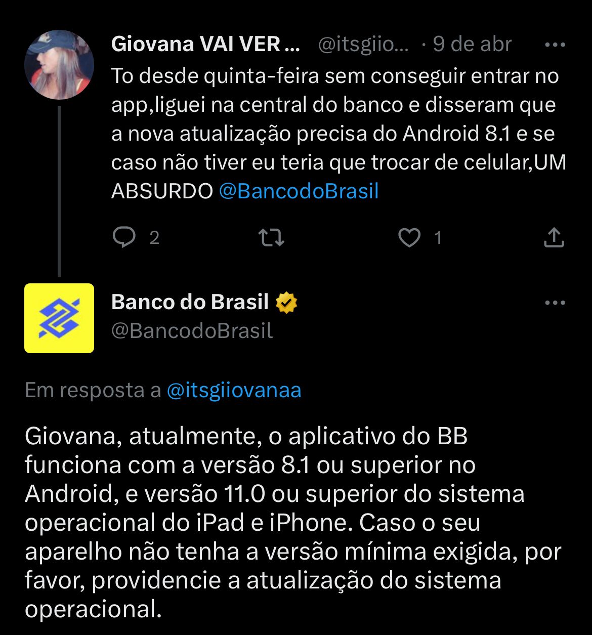 Clientes do Banco do Brasil demonstram insatisfação com o aplicativo da instituição, via twitter - Foto Reprodução Twitter