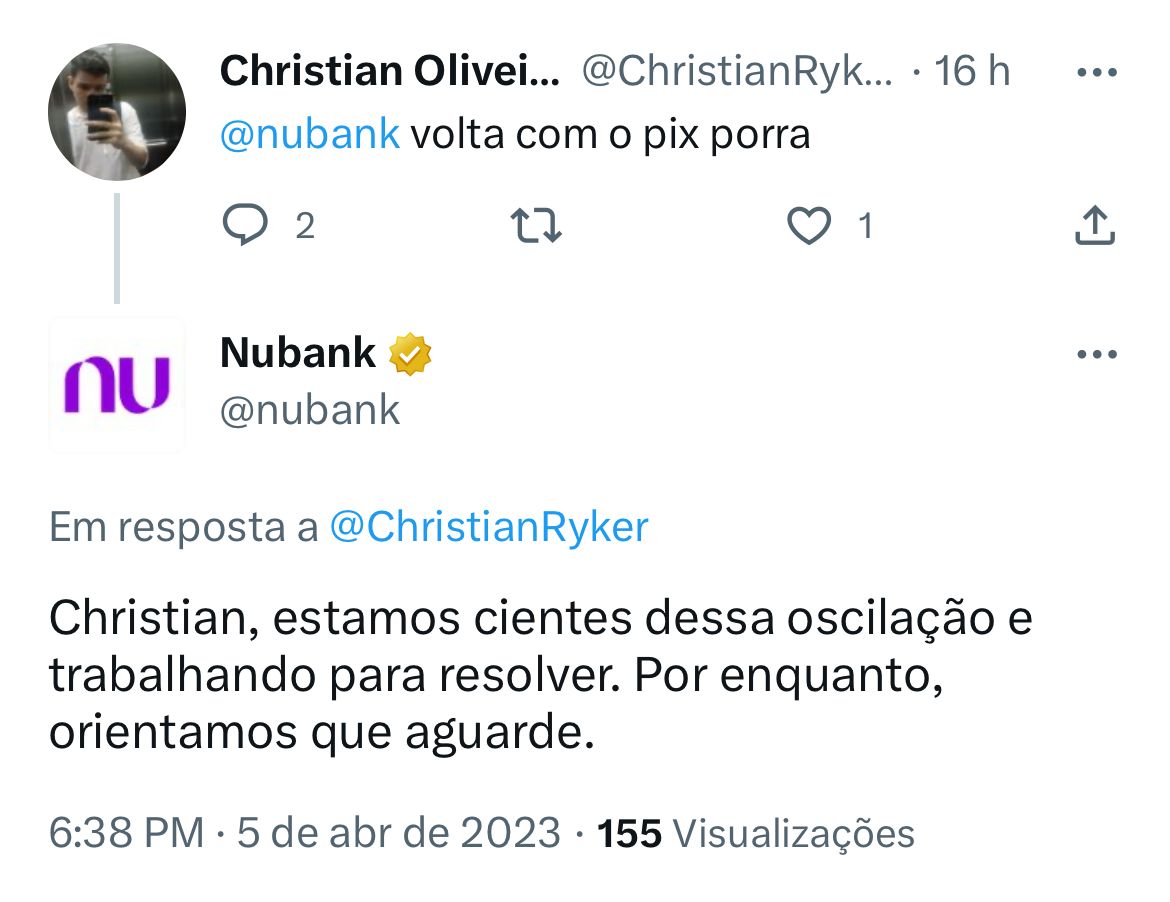 Clientes do Nubank estão furiosos com a instabilidade do Pix na instituição - Foto Reprodução Twitter