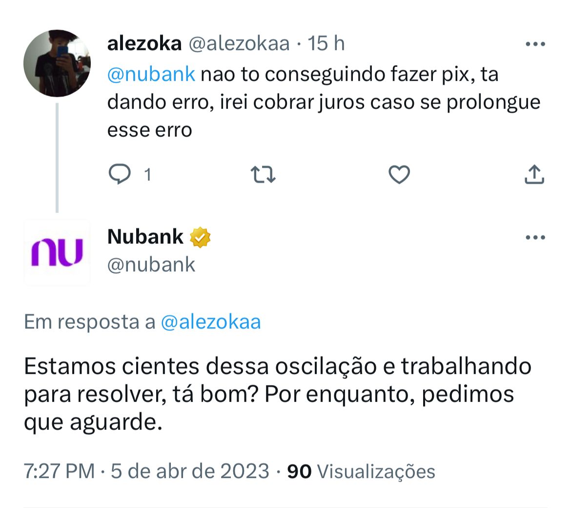 Clientes do Nubank estão furiosos com a instabilidade do Pix na instituição - Foto Reprodução Twitter