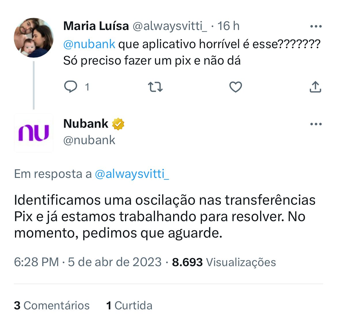 Clientes do Nubank estão furiosos com a instabilidade do Pix na instituição - Foto Reprodução Twitter