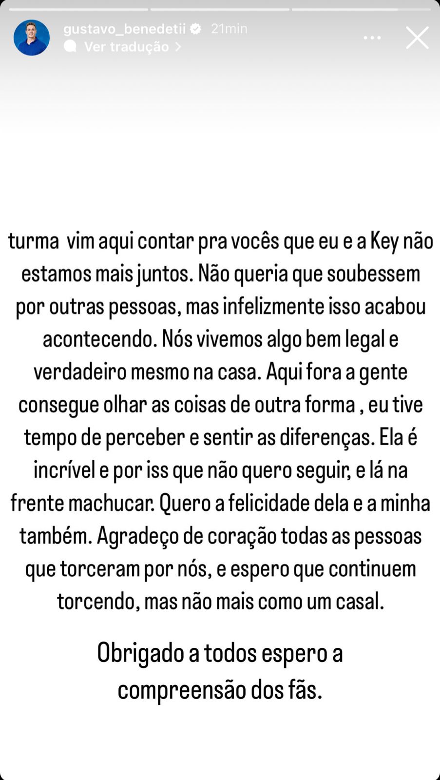 Gustavo confirma o fim do relacionamento - Foto Reprodução Instagram