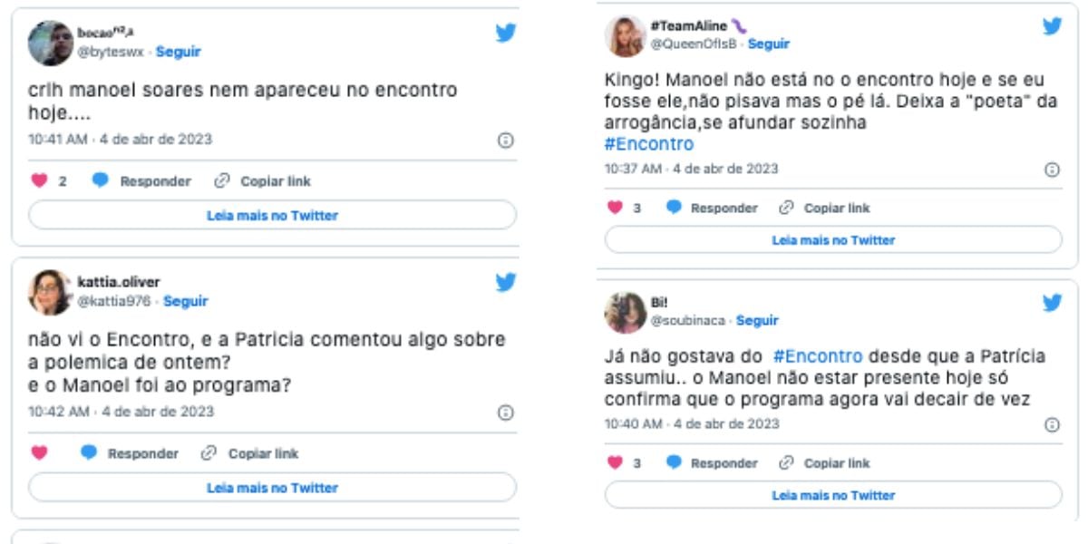 Público questiona ausência de Manoel Sores no Encontro (Foto: Reprodução / Twitter) 