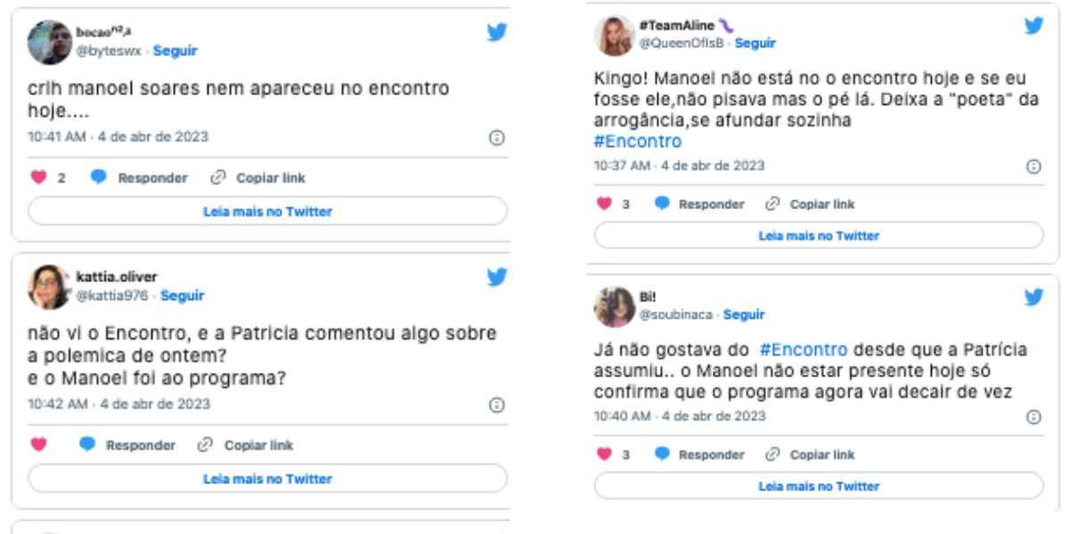 Público questiona ausência de Manoel Sores no Encontro (Foto: Reprodução / Twitter) 