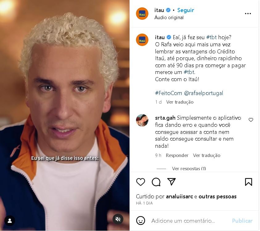 Rafael Portugal em propaganda do Itaú no Instagram - Foto Reprodução Instagram