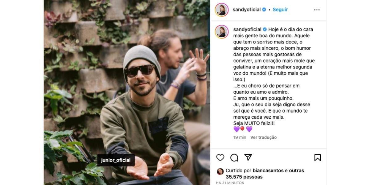 Sandy faz declaração para Júnior Lima (Foto: Reprodução / Instagram) 