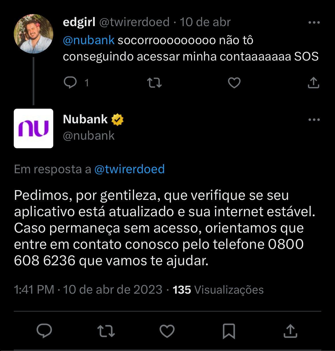 Situação do Nubank está enfurecendo clientes nesta terça-feira (11)  - Foto Reprodução twitter