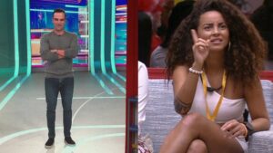 Tadeu Schmidt e Domitila: BBB23 teve problema técnico (Foto: Reprodução / Globoplay)