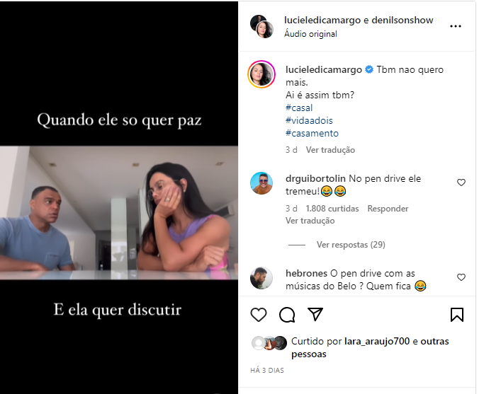 Luciele Di Camargo divulga vídeo com Denílson e brinca sobre divórcio - Foto: Reprodução/Instagram