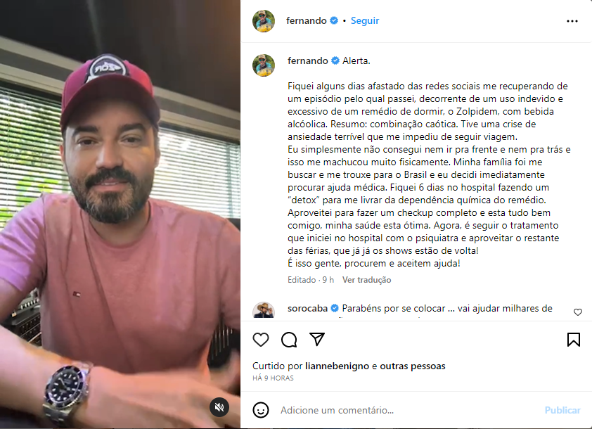 Fernando Zor revela vício em remédio, crise de ansiedade e internação - Foto: Reprodução/Instagram