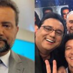 Geraldo Luís ao lado de Gugu, Rodrigo Faro e Marcelo Resende (Reprodução: Montagem TV Foco)