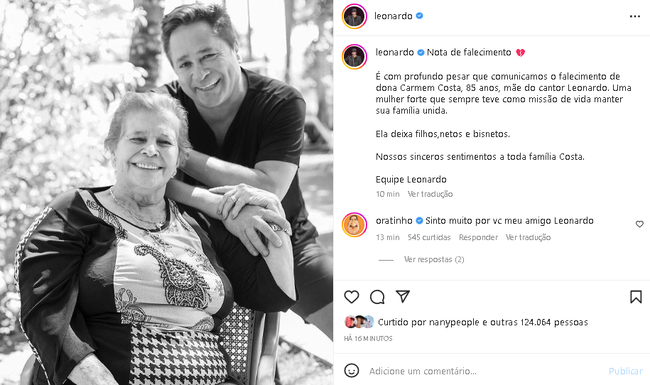 Morre dona Carmem, mãe do cantor Leonaro (Foto: Reprodução/ Instagram)