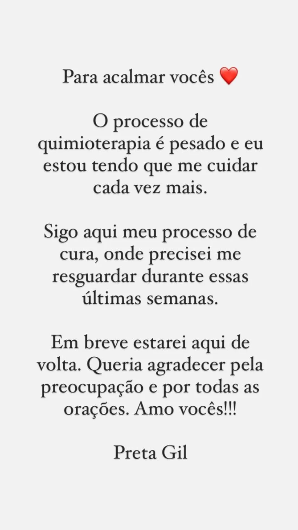 Preta Gil fez comunicado para acalmar seus seguidores (Foto: Reprodução/ Instagram)