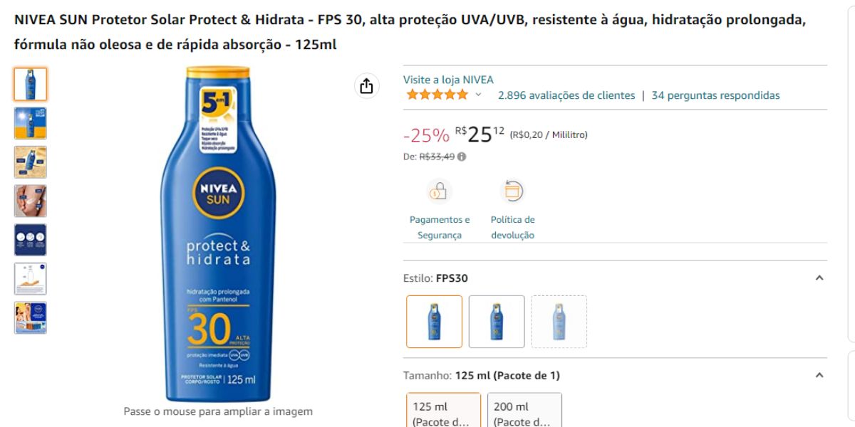 Protetor solar nívea disponível na Amazon por R$ 25,99 (Reprodução - Amazon)