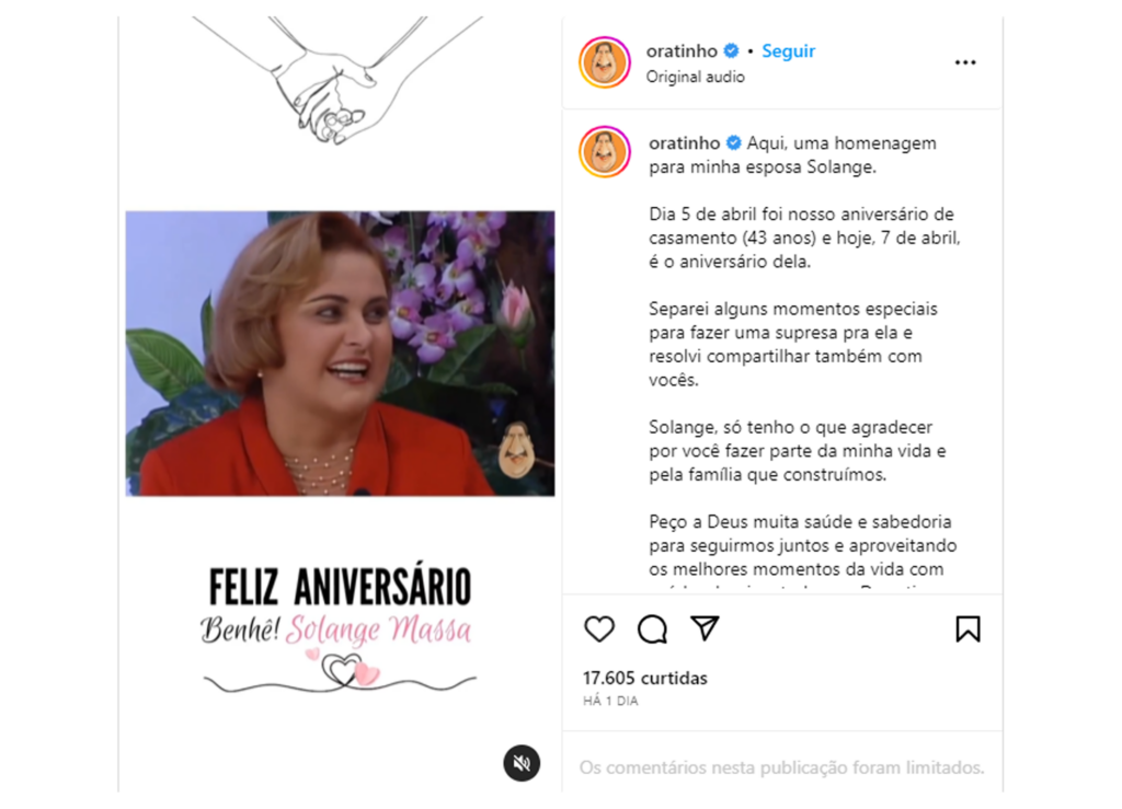 Homenagem feita por Ratinho em seu Instagram para sua esposa (Foto: Reprodução, Instagram) 