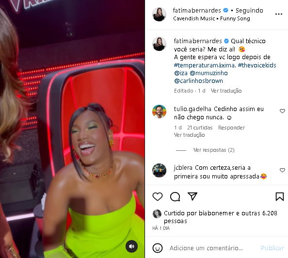 Fátima Bernardes expôs os bastidores do The Voice e Túlio Gadêlha reagiu (Foto: Reprodução/ Instagram)