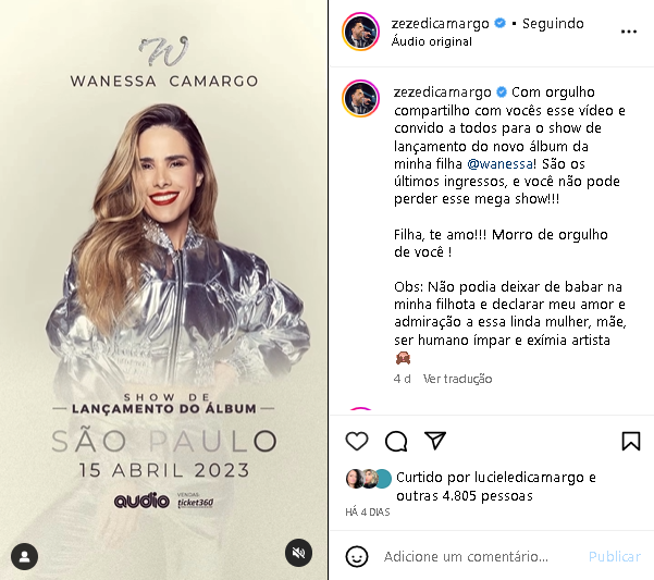 Zezé Di Camargo deixou recado para Wanessa (Foto: Reprodução/ Instagram)