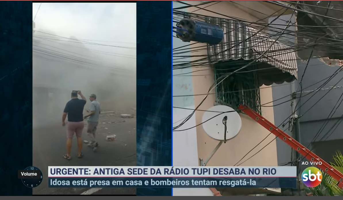 Bombeiros tentam resgatar a senhora da casa ao lado da antiga sede da Rádio Tupi, no Rio de Janeiro (Foto Reprodução/Internet)