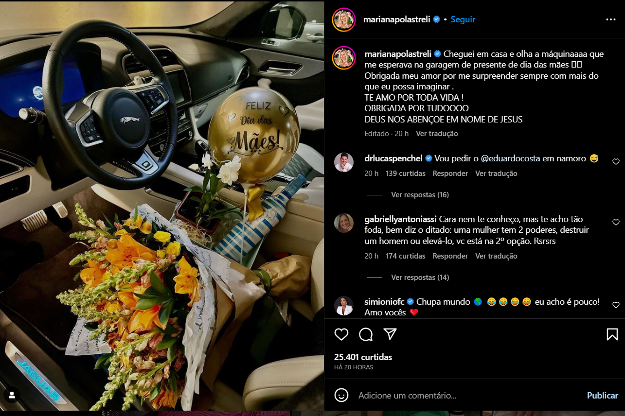 Mariana Polastrelli agradece o marido pelas redes sociais (Foto Reprodução/Instagram)